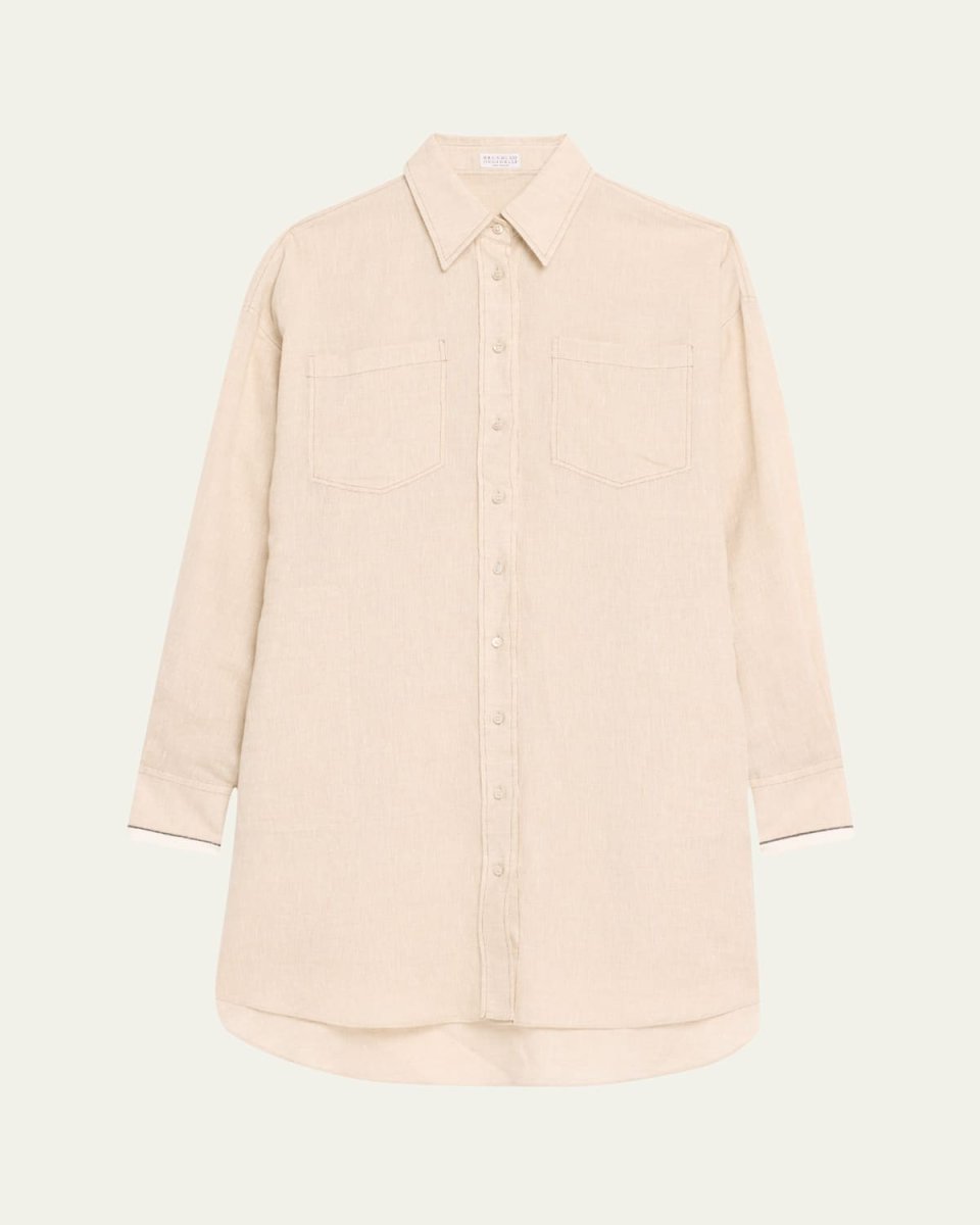Linen Oversized Button Down Shirtdress with Satin Cuffs